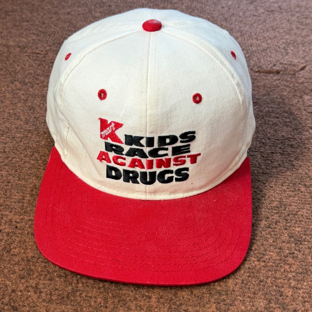 B- Vintage Kmart Kids Race Against Drugs Snapback Hat White Red Cap Retro 90s